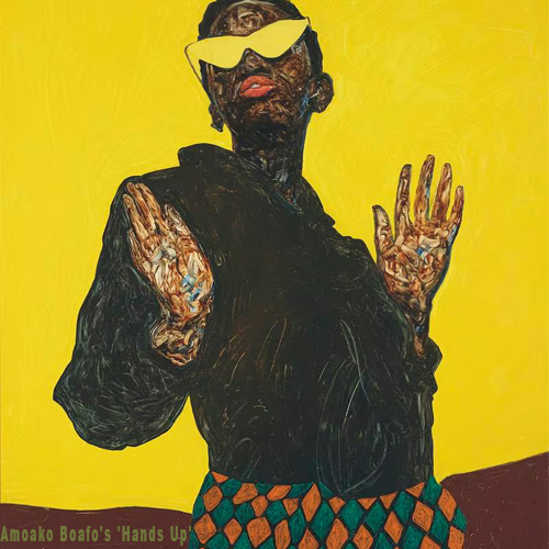 African woman with hands up. By Amoako Boafo